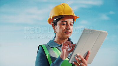 Buy stock photo Woman, engineer and outdoor with tablet for planning, building news or update schedule at space. Worker, tech or connectivity on worksite for design feedback, review or reading compliance regulations