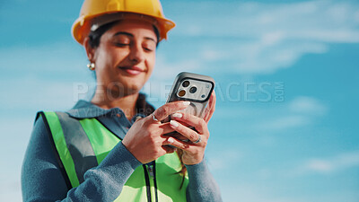 Buy stock photo Woman, engineer and outdoor with phone for contact, building planning and update schedule at space. Worker, mobile and connectivity on worksite for design feedback and reading compliance regulations