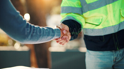 Buy stock photo Team, shaking hands and agreement on construction site, architecture or partnership for real estate. Engineer, handshake and people with renovation project, collaboration and property development
