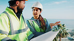 Engineer, blueprint and discussion outdoor with construction worker, explain design and how to build. Supervisor, builder or people on balcony with layout document, advice or conversation for project