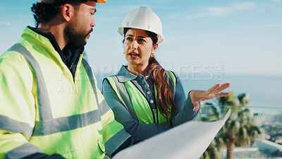 Buy stock photo Engineer, blueprint and discussion outdoor with construction worker, explain design and how to build. Supervisor, builder or people on balcony with layout document, advice or conversation for project