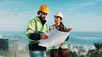 Engineer, blueprint and talk outdoor with construction worker, explain design or advice for building. Supervisor, builder and people on balcony with layout document, PPE and discussion for project.