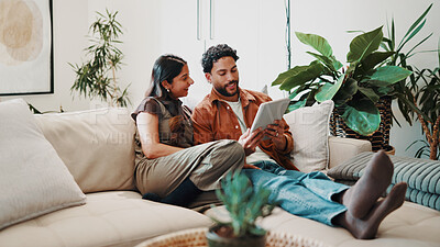 Buy stock photo Couple, relax and tablet on sofa for connectivity, bonding and quality time with streaming. Happy, together and people with digital tech in living room, film app or network with internet in home