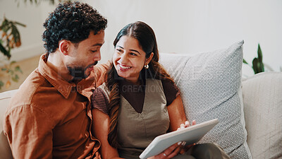 Buy stock photo Happy couple, relax and tablet in home for connectivity, bonding and quality time with streaming. Smile, together and people scroll on sofa with technology, film app or movie choice with connection
