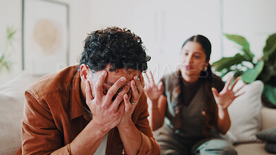 Buy stock photo Man, stress and couple with fight in home, conflict or infidelity with frustrated person and partner. Upset, argument and cheating betrayal with people in living room, relationship crisis or affair