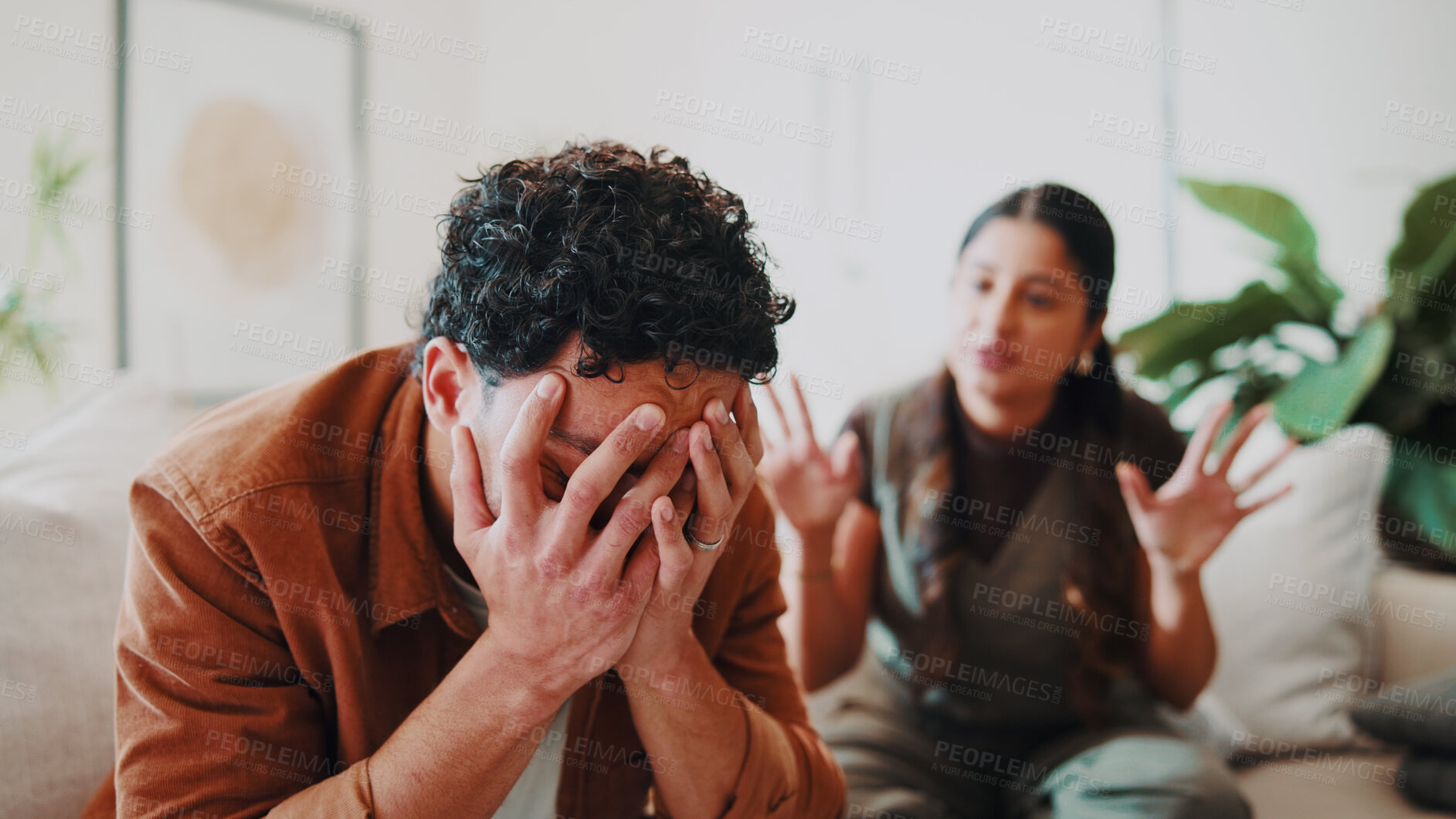 Buy stock photo Man, stress and couple with fight in home, conflict or infidelity with frustrated person and partner. Upset, argument and cheating betrayal with people in living room, relationship crisis or affair