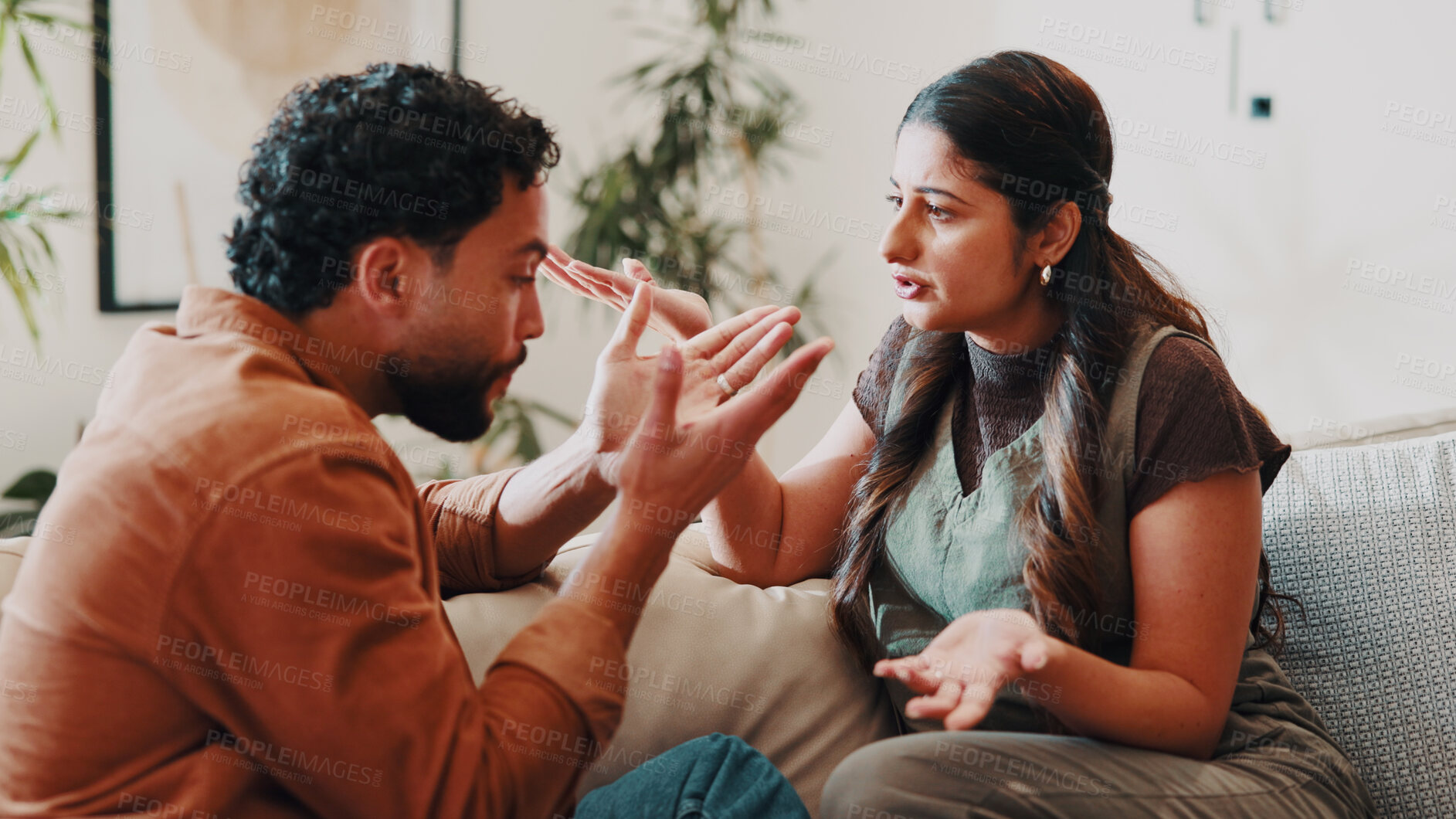 Buy stock photo Angry, stress and couple with conflict in home, fight or infidelity with problem in marriage. Upset, argument and confrontation for cheating with people in living room, relationship crisis or affair