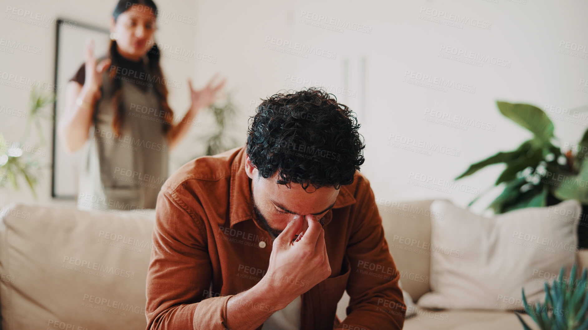 Buy stock photo Man, frustrated and couple with conflict in home, fight or infidelity with confrontation and stress. Upset, argument and cheating betrayal with people in living room, relationship crisis or affair