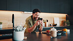 Recipe, happy or man in kitchen with phone, online instruction or cooking tip in internet search. Digital, nutrition or person in house with tech, food blog or virtual cookbook in culinary activity.