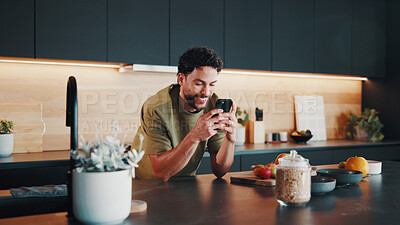 Buy stock photo Recipe, happy or man in kitchen with phone, online instruction or cooking tip in internet search. Digital, nutrition or person in house with tech, food blog or virtual cookbook in culinary activity.