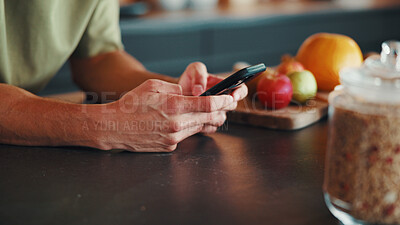 Buy stock photo Recipe, nutrition or hands in kitchen with phone, food blog or cooking tip in internet search. Digital, diet or person in house with tech, online instruction or virtual cookbook for culinary activity