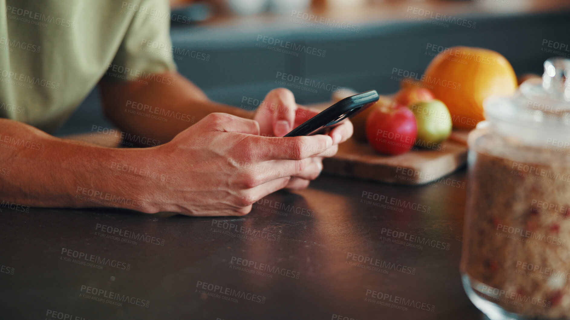 Buy stock photo Recipe, nutrition or hands in kitchen with phone, food blog or cooking tip in internet search. Digital, diet or person in house with tech, online instruction or virtual cookbook for culinary activity
