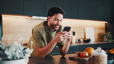 Buy stock photo Recipe, smile or man in kitchen with phone, online instruction or cooking tip in internet search. Digital, nutrition or person in house with tech, food blog or virtual cookbook in culinary activity.