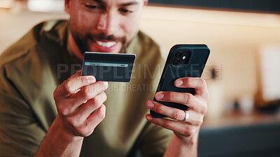Buy stock photo Smile, man and credit card at house with phone, payment and secure purchase for black friday sale. Happy, male person and transaction in lounge with mobile, fintech and retail bargain for ecommerce