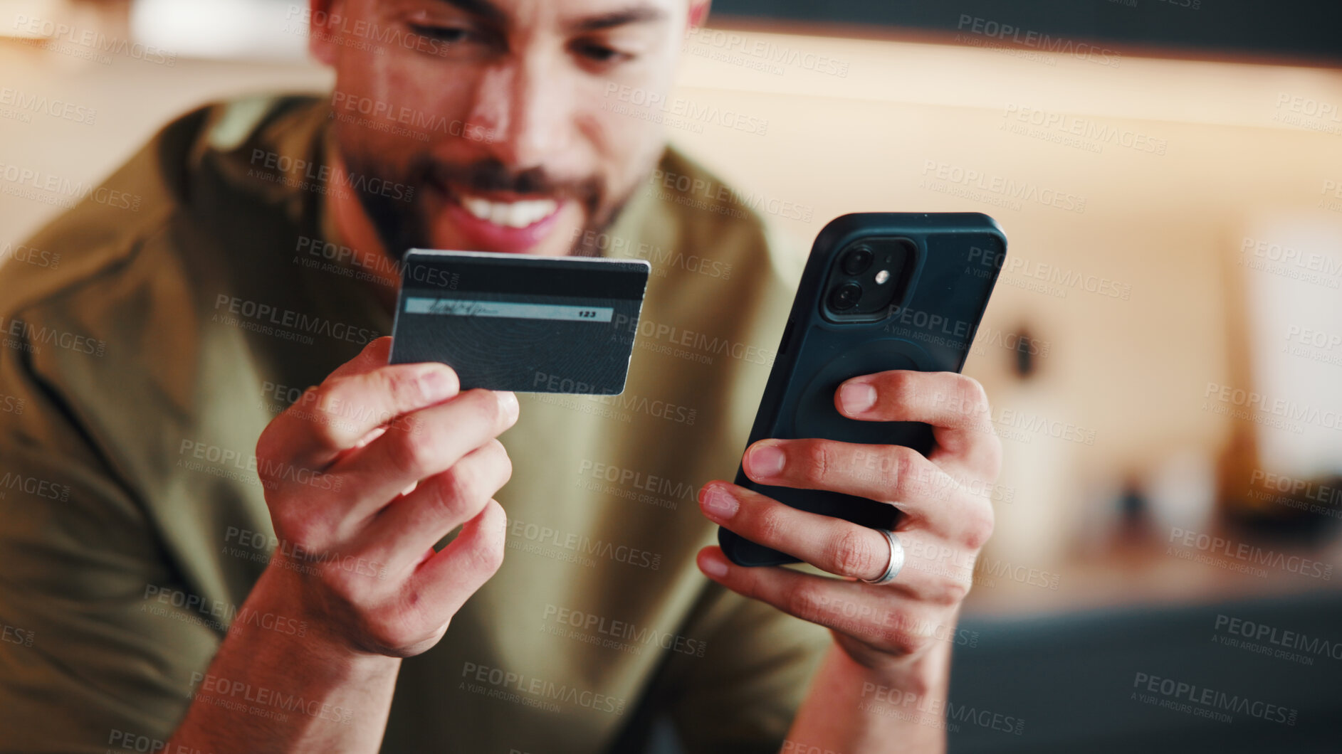 Buy stock photo Smile, man and credit card at house with phone, payment and secure purchase for black friday sale. Happy, male person and transaction in lounge with mobile, fintech and retail bargain for ecommerce