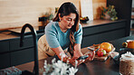 Woman, phone and credit card in kitchen with ingredients, EFT or payment for meal plan subscription. Morning, person and mobile banking in home with fintech, ecommerce app or online shopping for food