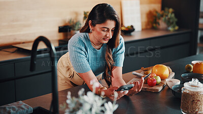 Buy stock photo Woman, phone and credit card in kitchen with ingredients, EFT or payment for meal plan subscription. Morning, person and mobile banking in home with fintech, ecommerce app or online shopping for food