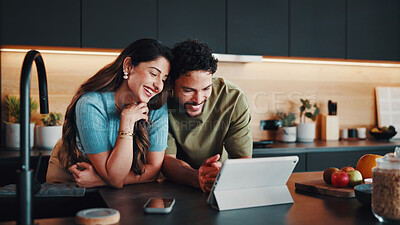 Buy stock photo Couple, tablet and recipe in kitchen for breakfast, bonding together and watch video tutorial online. Happy, married people and meal prep in home with tech, nutrition or check guide for healthy food.