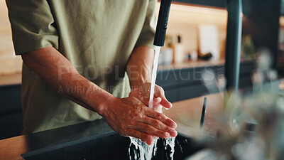 Buy stock photo Health, water and man in kitchen with hand washing, bacteria prevention and sanitation for safety. Wellness, cleaning and person at sink with faucet, germ protection and hygiene routine in house.