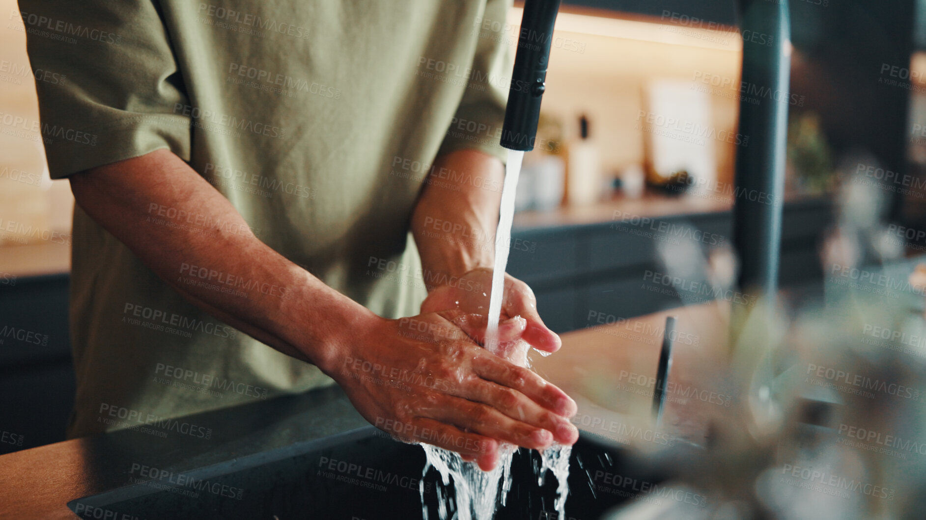 Buy stock photo Health, water and man in kitchen with hand washing, bacteria prevention and sanitation for safety. Wellness, cleaning and person at sink with faucet, germ protection and hygiene routine in house.