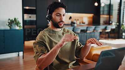 Buy stock photo Remote work, laptop and man in house with headset, helpline advice and crm service in call center. Freelancer, digital and consultant with mic, online inquiry and feedback in customer support.