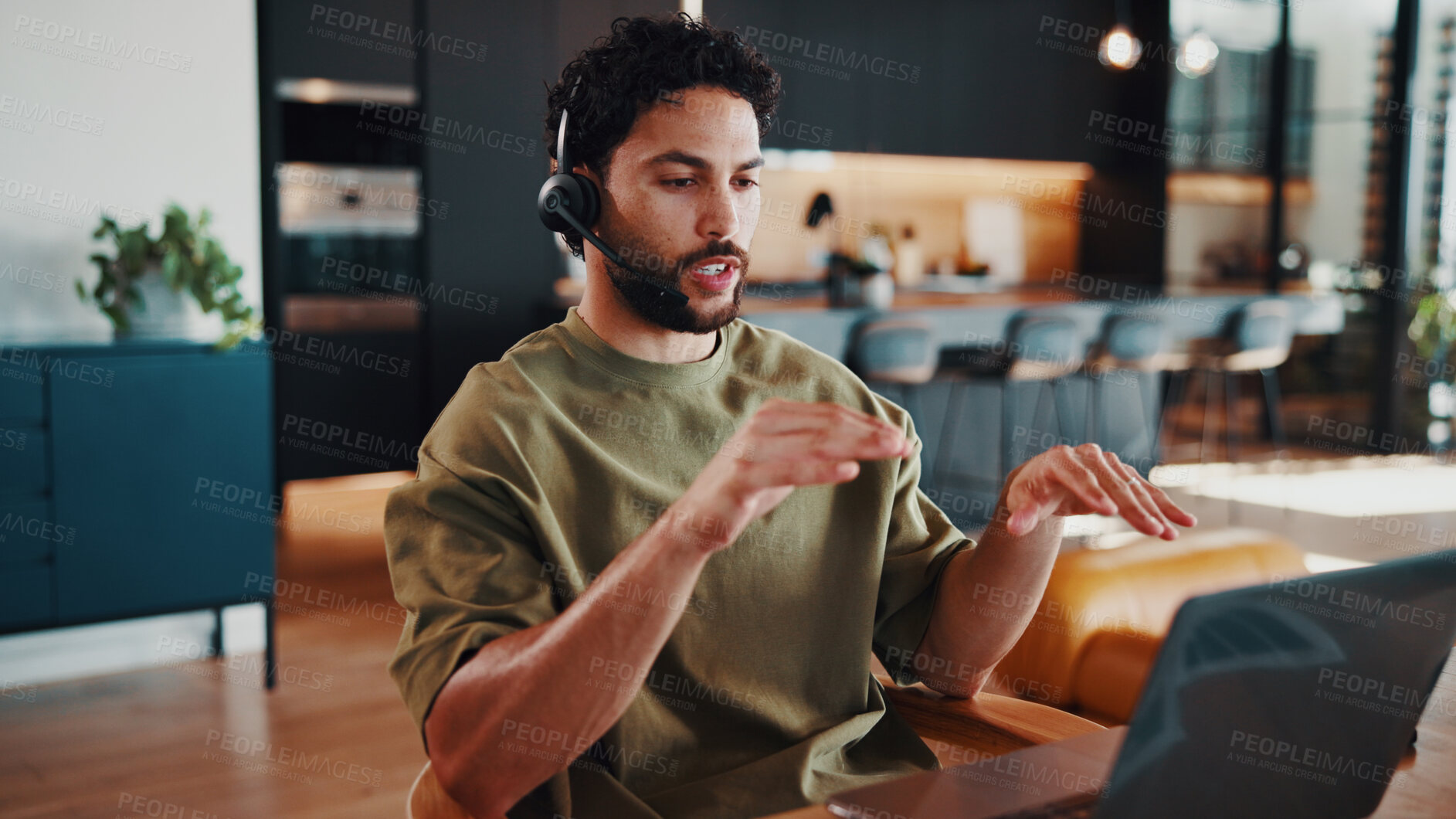 Buy stock photo Remote work, laptop and man in house with headset, helpline advice and crm service in call center. Freelancer, digital and consultant with mic, online inquiry and feedback in customer support.