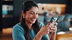 Smile, phone and woman in home on social media, online dating and reading text message with contact. Mobile, happy female person and chat app, profile match and check website link for connection