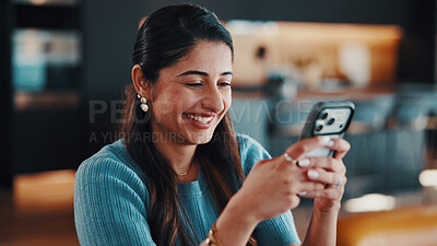 Buy stock photo Smile, phone and woman in home on social media, online dating and reading text message with contact. Mobile, happy female person and chat app, profile match and check website link for connection