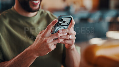 Buy stock photo Hands, phone and man in home on social media, online dating and reading text message with contact. Mobile, happy male person and chat app for profile match, connection link and internet search