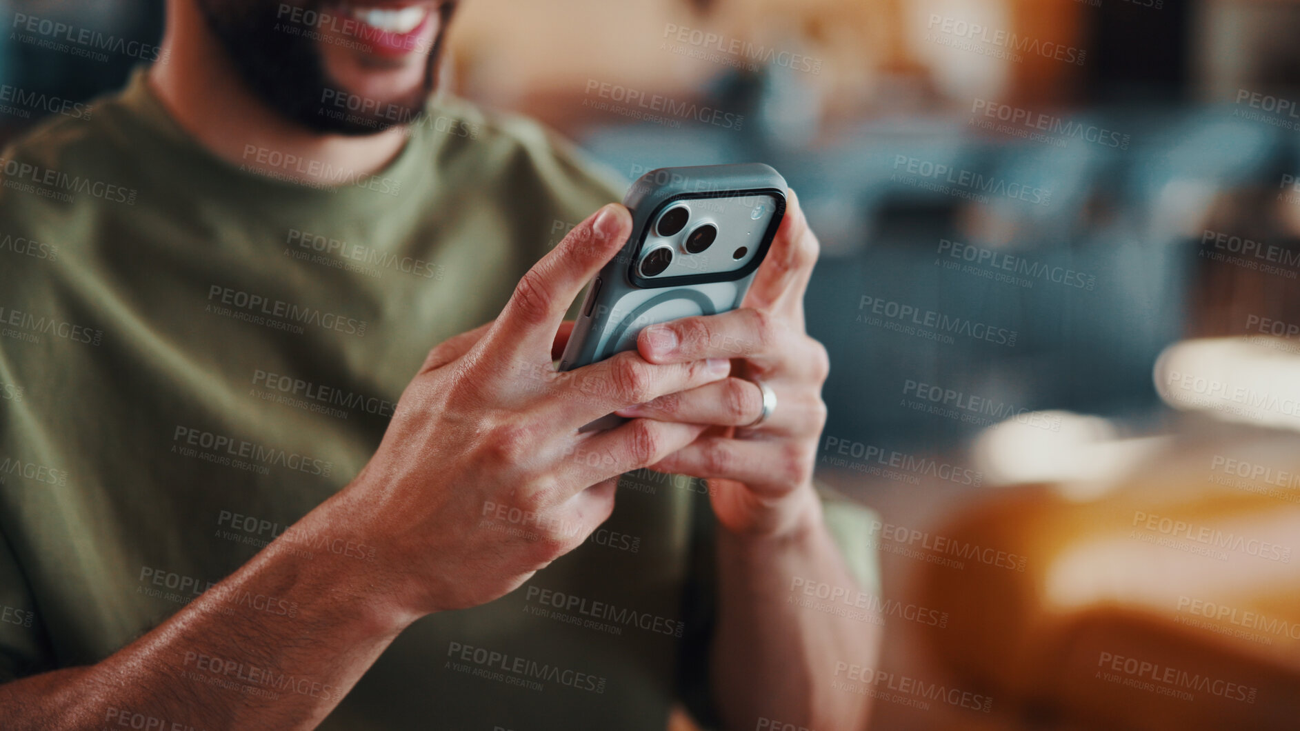 Buy stock photo Hands, phone and man in home on social media, online dating and reading text message with contact. Mobile, happy male person and chat app for profile match, connection link and internet search