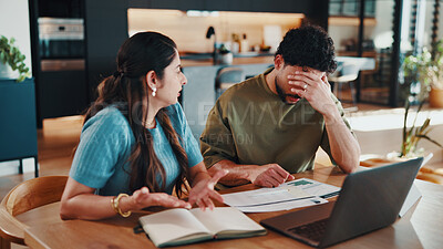 Buy stock photo Couple, stress and laptop in home for finance, missing money or incorrect payment with notes. Woman, man or frustrated in living room with tech, banking mistake or over spending with misunderstanding