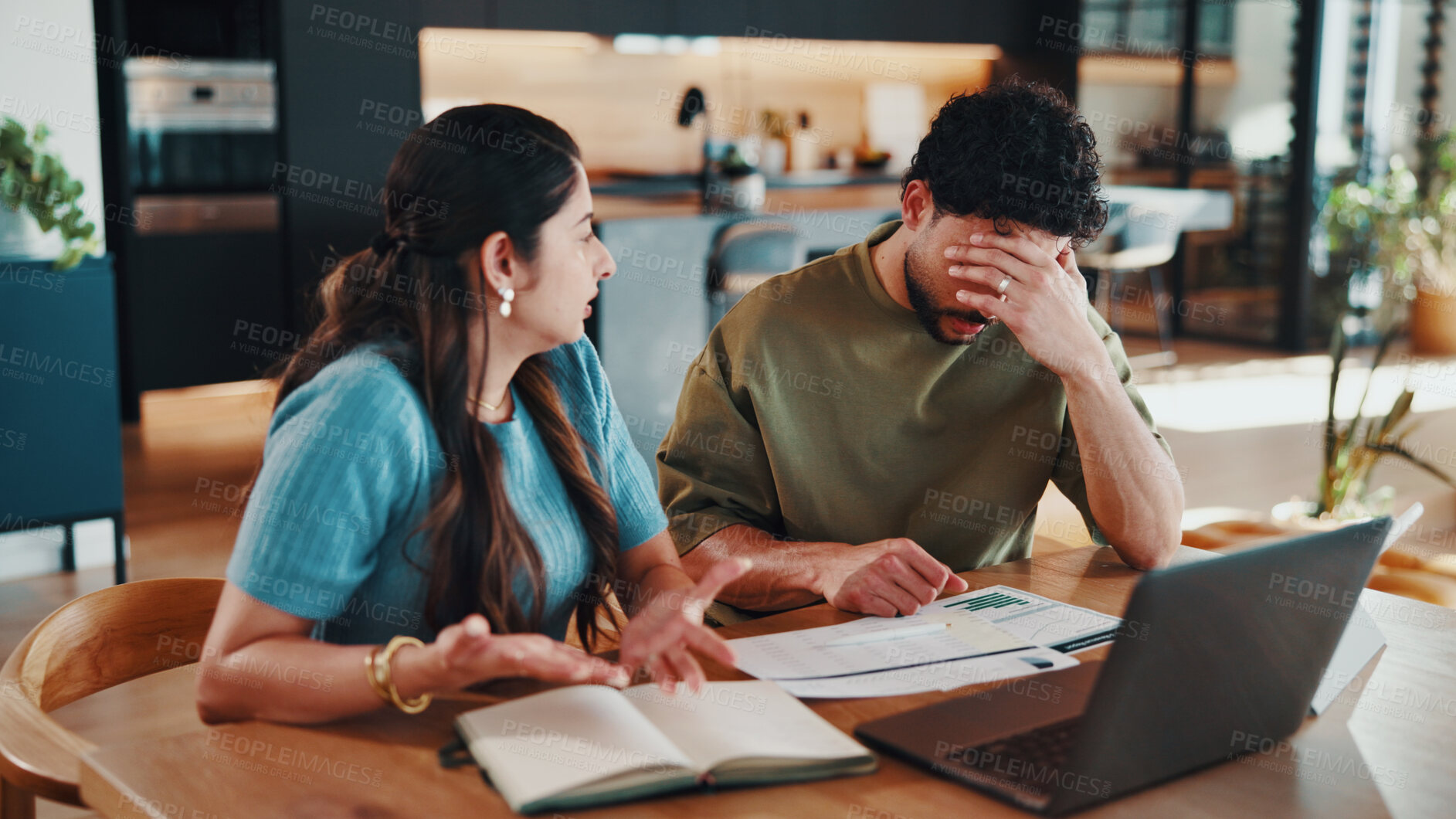 Buy stock photo Couple, stress and laptop in home for finance, missing money or incorrect payment with notes. Woman, man or frustrated in living room with tech, banking mistake or over spending with misunderstanding