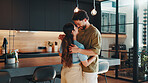 Couple, holding hands and dancing at house with smile, love and listening to music for romance. Happy, people and moving in home with partner, affection and romantic song for weekend unwind in lounge