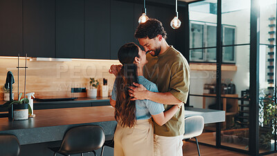 Buy stock photo Couple, holding hands and dancing at house with smile, love and listening to music for romance. Happy, people and moving in home with partner, affection and romantic song for weekend unwind in lounge