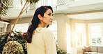 Thinking, woman and walk at resort for holiday, adventure and guest exploring at accommodation. Mature person, sunshine and mindset at retreat with scenic view, travel experience and weekend getaway