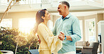 Bonding, dance and mature couple at holiday home together for anniversary, love or romantic getaway. Happy. holding hands and music with married people on vacation for connection, support or travel