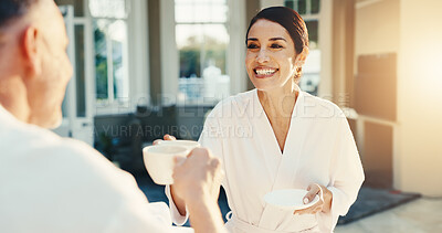 Buy stock photo Smile, tea and toast with couple at resort for anniversary, luxury holiday or weekend getaway. Beverage, cheers and happy marriage with mature people on summer vacation together for romance or travel