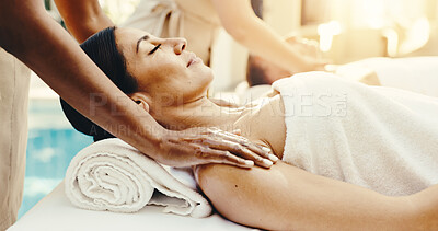 Buy stock photo Hands, woman and sleeping at spa with masseuse, deep tissue and holistic treatment of bodycare. Mature person, asleep and massage at salon for self care, muscle stiffness and therapeutic for wellness