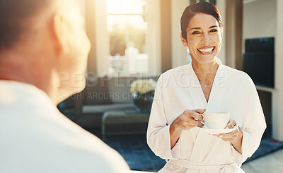 Buy stock photo Break, smile and tea with couple at resort for anniversary, luxury holiday or weekend getaway. Beverage, connection and happy with mature people on summer vacation together for romance or travel