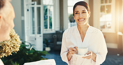 Buy stock photo Break, connection and tea with happy couple at resort for anniversary, luxury holiday or weekend getaway. Beverage, relax and smile with with mature people on vacation together for romance or travel