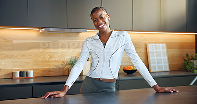 Buy stock photo Fitness, portrait or black woman in home with smile, positive attitude or wellness in workout hobby. Happy, pride or person in kitchen with good mood, confidence or satisfaction in training activity.