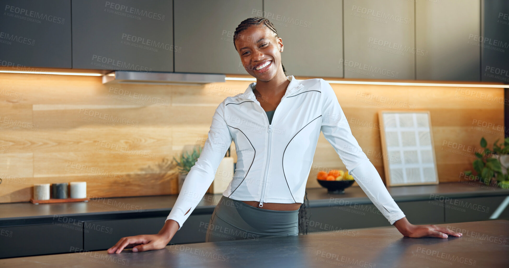 Buy stock photo Fitness, portrait or black woman in home with smile, positive attitude or wellness in workout hobby. Happy, pride or person in kitchen with good mood, confidence or satisfaction in training activity.