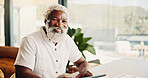Portrait, black man and relax at house with tablet, research and finance report of household bills. Smile, mature person and document in home with tech, bank statement and financial invoice for audit