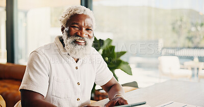 Buy stock photo Portrait, black man and relax at house with tablet, research and finance report of household bills. Smile, mature person and document in home with tech, bank statement and financial invoice for audit
