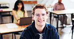 College, happy or man in class with portrait, knowledge or scholarship in academic development. University, specs or student at campus with confidence, higher education or pride in study opportunity.