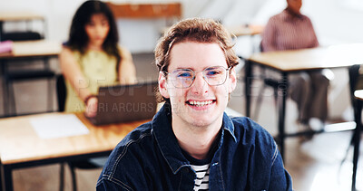 Buy stock photo College, happy or man in class with portrait, knowledge or scholarship in academic development. University, specs or student at campus with confidence, higher education or pride in study opportunity.