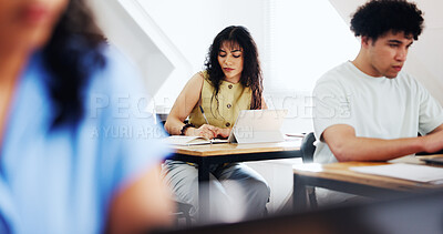 Buy stock photo College, notes and student in class with tablet, exam preparation and research for assignment. Education, study and woman at campus with writing, university thesis and digital revision for assessment