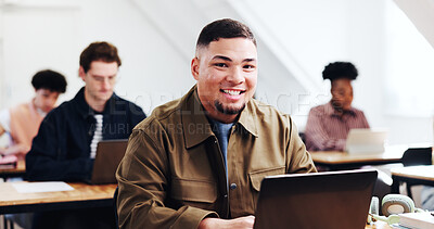 Buy stock photo College, laptop or man in class with portrait, knowledge or scholarship in academic development. University, happy or student at campus with confidence, higher education or pride in study opportunity