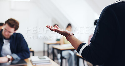 Buy stock photo Education, teacher or students in class with hand, exam preparation or learning with instruction. Woman lecturer, group or lesson in community college for development, upskill training or curriculum