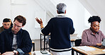 Education, teacher or students in class for lecture, exam preparation or learning with technology. Woman lecturer, group or lesson in community college for development, upskill training or curriculum
